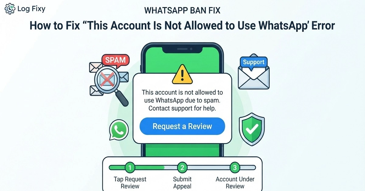 Smartphone screen displaying the WhatsApp account banned error message due to spam with a professional tech troubleshooting guide overlay.