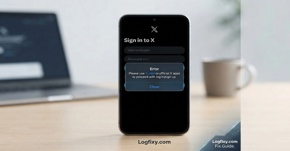 Close-up screenshot of an Android smartphone screen displaying the official X app error message stating 'Please use X.com or official X apps to proceed with log in/sign up' over a dark blurred background.